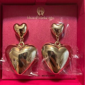 NIB House of Harlow 1960 Puffy Gold Pillow Heart Dangle Earrings